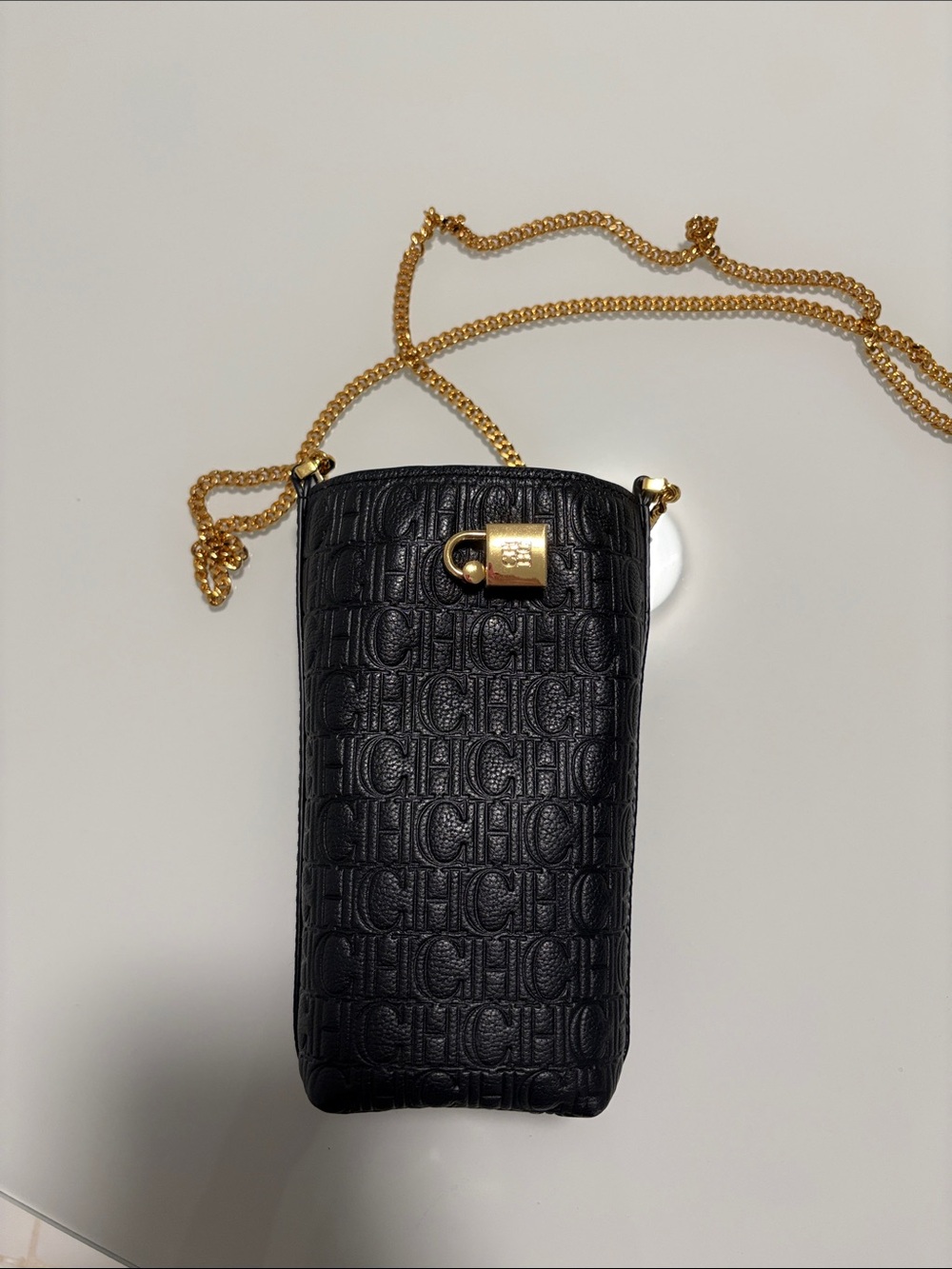 Carolina Herrera Black Leather Crossbody Phone Bag with Gold Chain